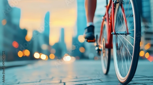 Urban cycling at dusk with a rider in focus, highlighting sustainable transportation in a modern city photo