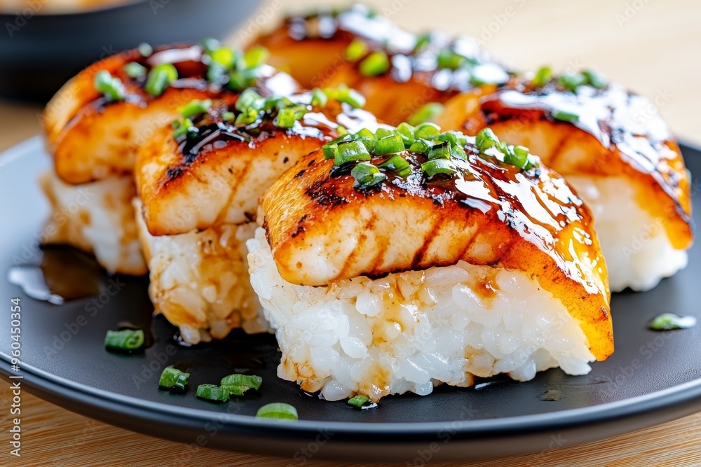 Japanese food, yaki onigiri, grilled rice balls lightly charred and brushed with soy sauce, offering a smoky flavor Japanese food, yaki onigiri, grilled rice balls lightly charred and brushed with soy sauce, offering a smoky flavor