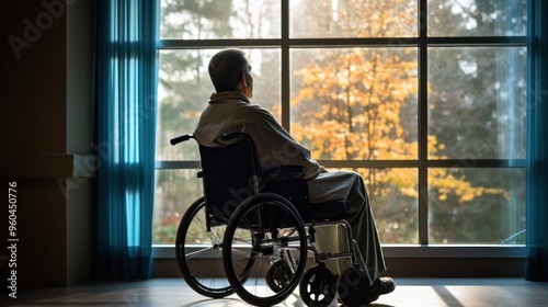 a pensive patient in a wheelchair gazing out a hospital window