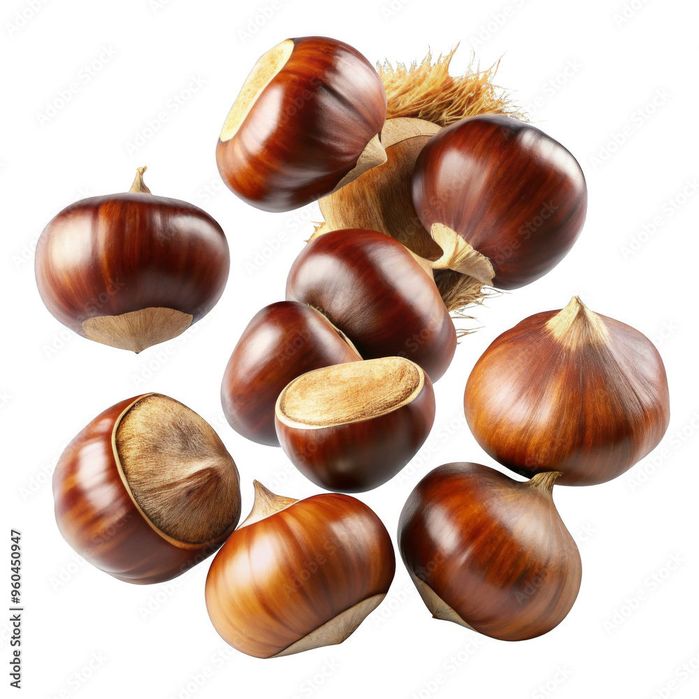 Fresh chestnuts and cracked shells falling mid-air, isolated on white, ideal for seasonal snacks and food imagery Fresh chestnuts and cracked shells falling mid-air, isolated on white, ideal for seasonal snacks and food imagery