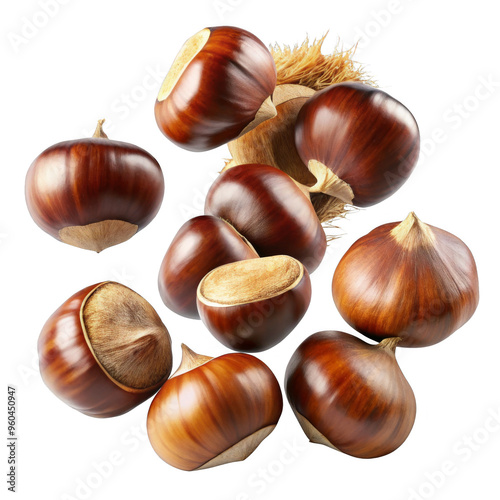 Fresh chestnuts and cracked shells falling mid-air, isolated on white, ideal for seasonal snacks and food imagery