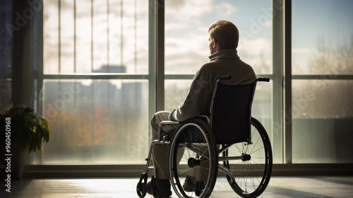 a pensive patient in a wheelchair gazing out a hospital window