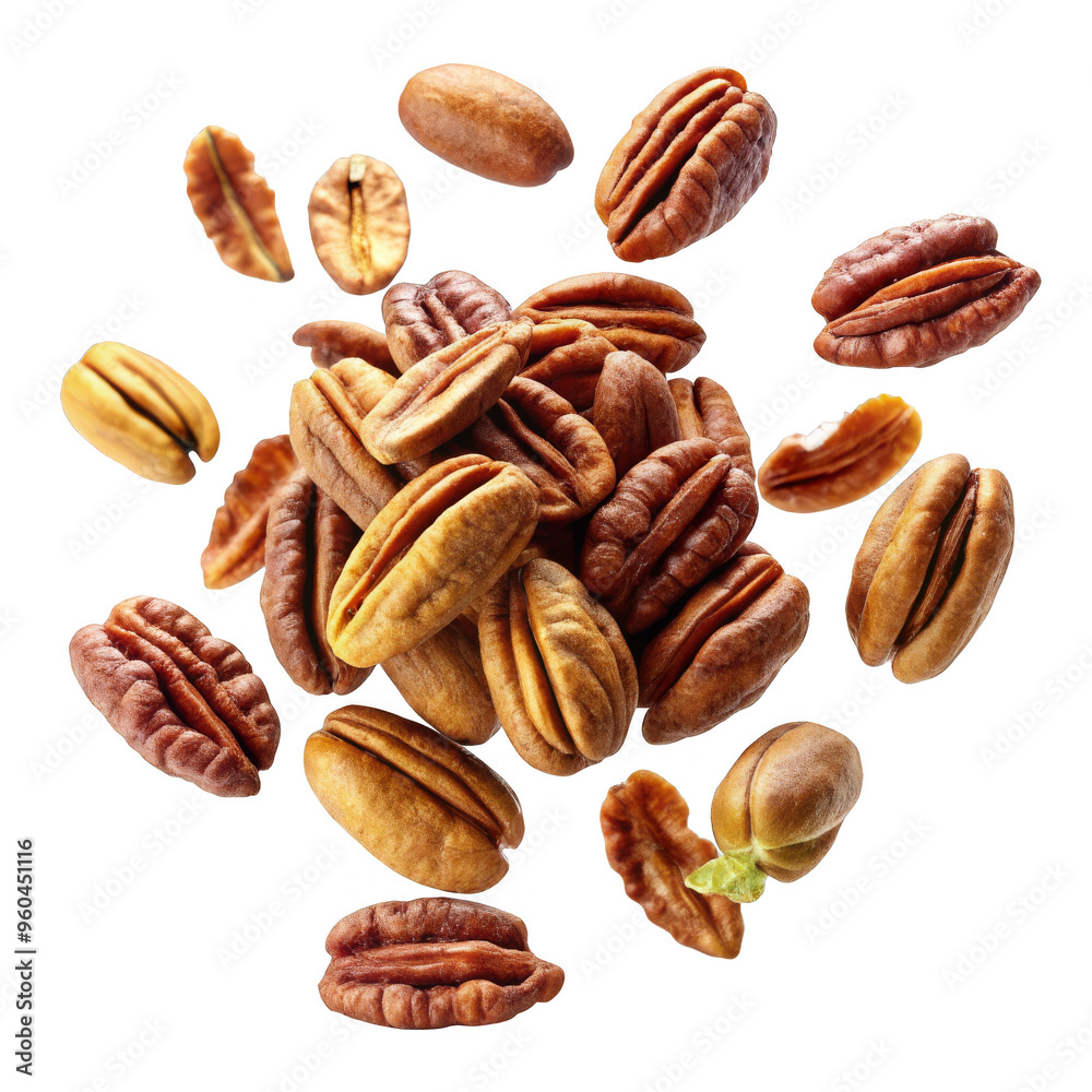 Fresh pecan nuts in motion falling and scattered on white background, perfect for healthy snack and food visuals Fresh pecan nuts in motion falling and scattered on white background, perfect for healthy snack and food visuals