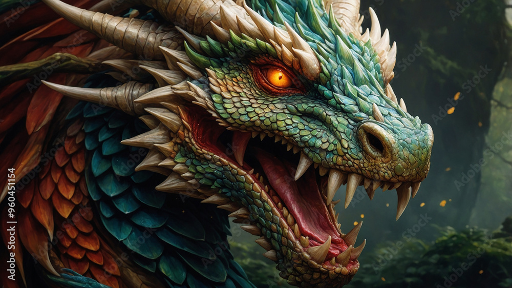 Obraz premium Majestic dragon with green and gold scales, and vibrant red wings in a mystical forest setting.