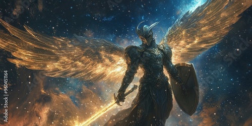 Angel warrior with glowing sword and wings in space.