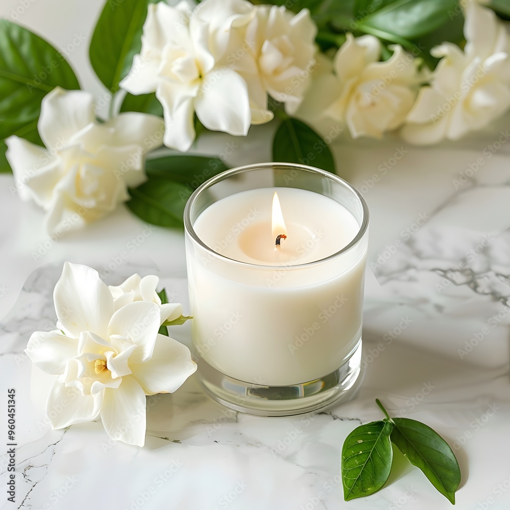 Elegant Gardenia Scented Candle Surrounded by Fresh Blooming Flowers on Marble Surface