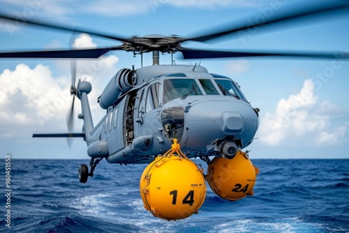 Military helicopters, mine warfare, clearing obstacles detect and neutralize sea mines to protect naval vessels photo