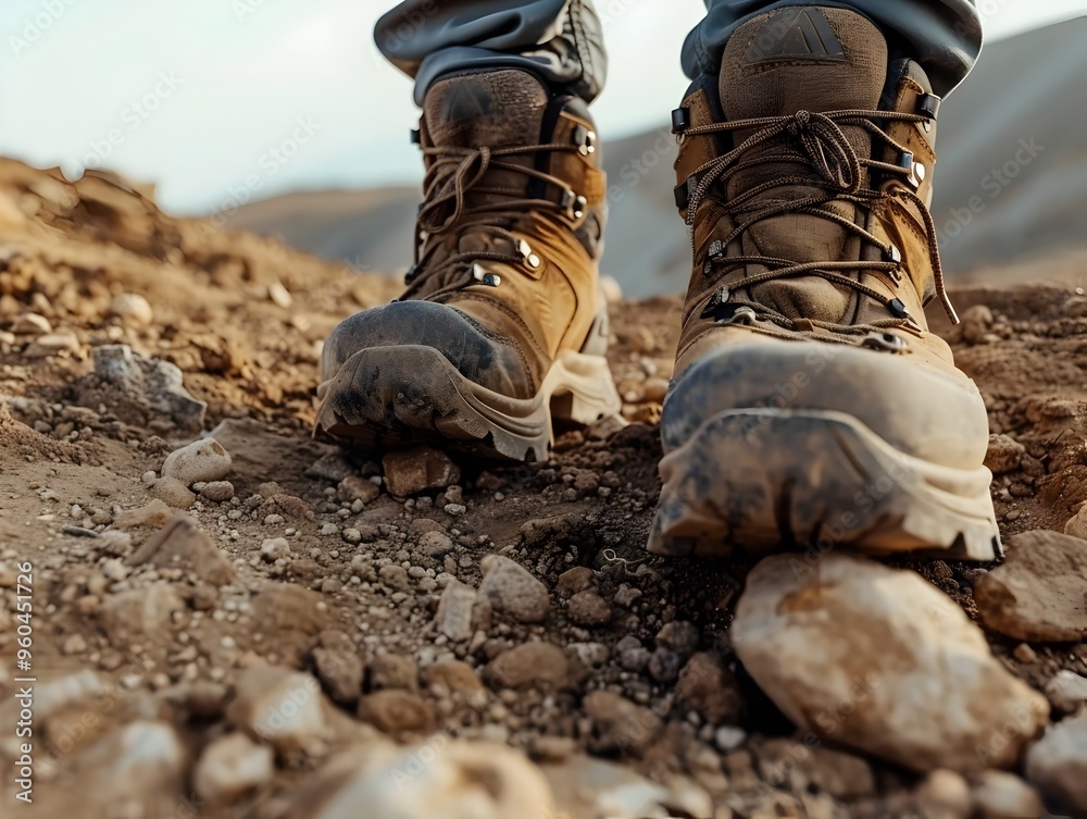 Close up Hiking Boots on Rugged Trail with Pebbles and Dirt Showcasing Adventurous Outdoor Concept Close up Hiking Boots on Rugged Trail with Pebbles and Dirt Showcasing Adventurous Outdoor Concept