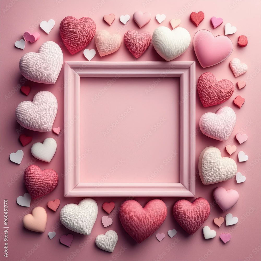 Fototapeta premium Many hearts arranged around a white frame on a pink background, love background