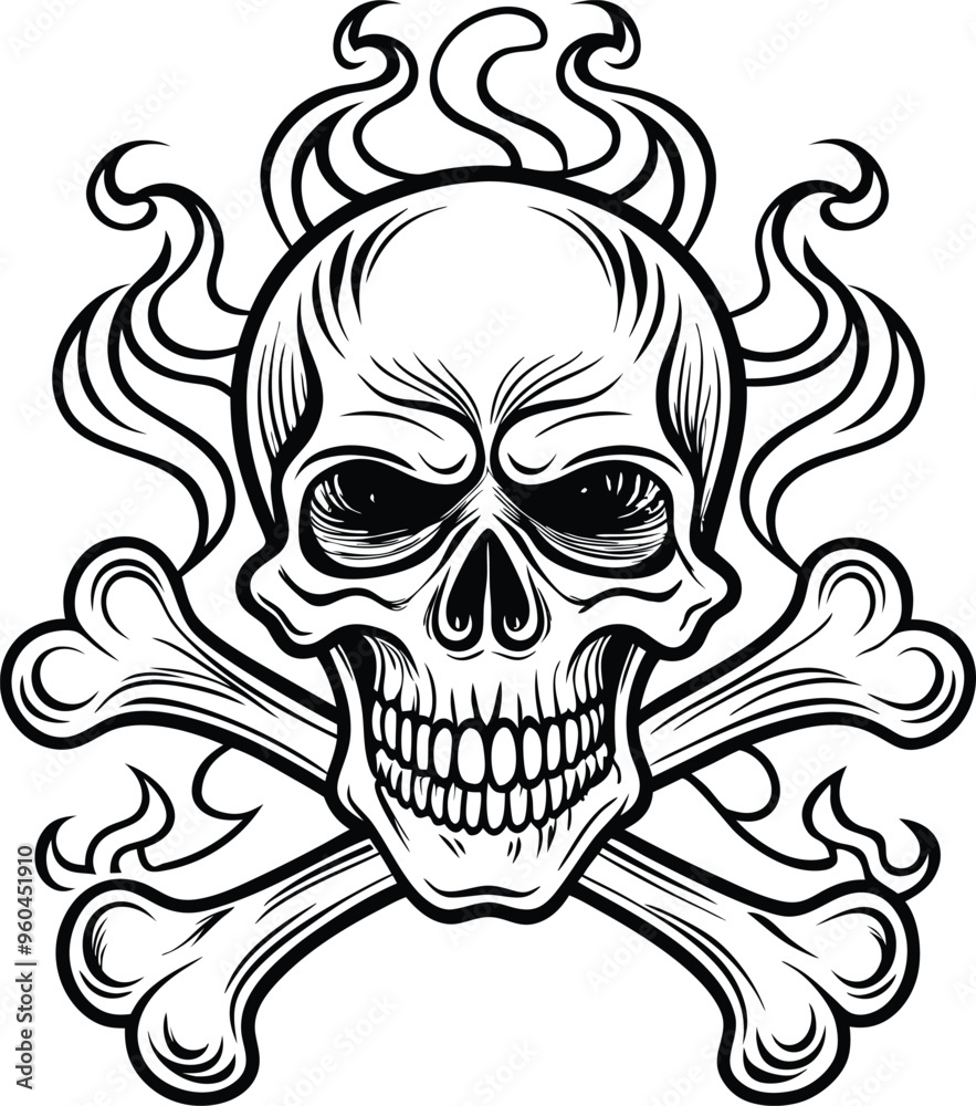 Skull and Crossbones and grunge smoke sketch illustration