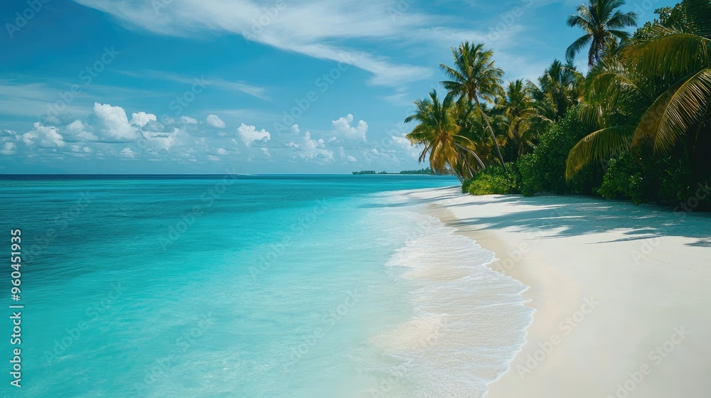 Fototapeta premium A tranquil beach with white sand and crystal-clear turquoise water, surrounded by palm trees.