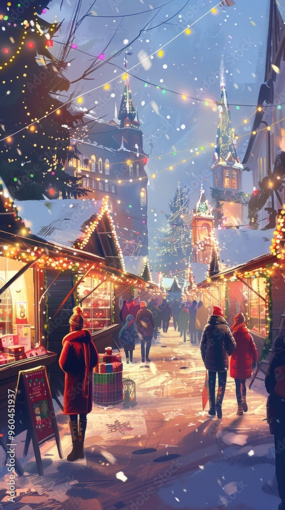 Fototapeta premium The Christmas fair is alive with market stalls offering handcrafted gifts and delicious treats, creating a cozy and inviting atmosphere perfect for holiday celebrations