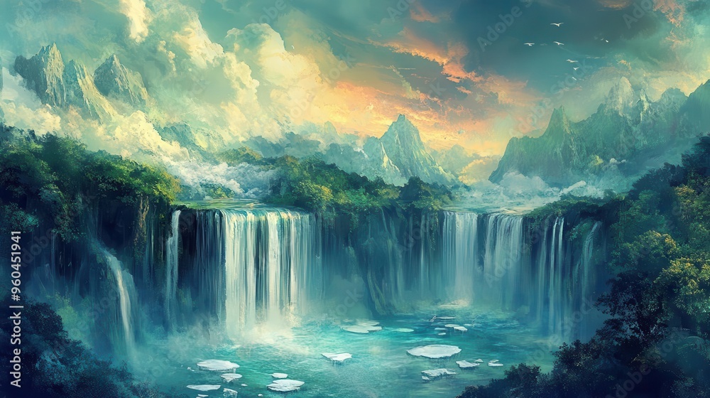 Fototapeta premium Surreal high-angle perspective of a lush green fantasy landscape intertwined with floating icebergs