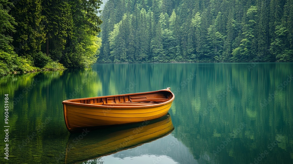 A Yellow Rowboat Resting on a Tranquil Forest Lake A Yellow Rowboat Resting on a Tranquil Forest Lake