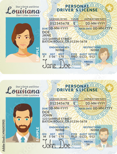 Vector template of toy driver license plastic card for USA Louisiana, front side, for games only