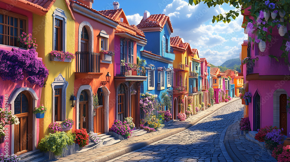 Fototapeta premium calles de un pueblo lleno de casas de colores alegres y llenas de vida fachadas de colores destinos de viajes turisticos