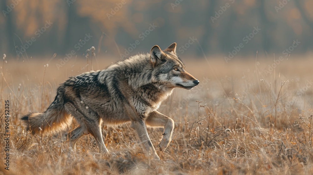 Wolf Walking Through Tall Grass in Autumn Wolf Walking Through Tall Grass in Autumn