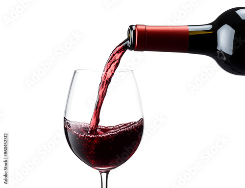 Pouring red wine from a glass bottle into an elegant stemware, rich burgundy liquid splashing, close-up backlighting, PNG format isolated on transparent background, fine beverage photography.






