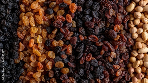 Raisin grain and a variety of nuts closeup view