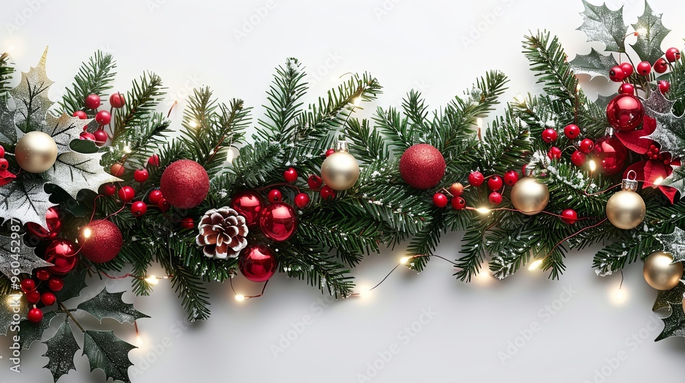 Seamless decorative christmas border with coniferous branches and garlands of christmas lights on transparent background Seamless decorative christmas border with coniferous branches and garlands of christmas lights on transparent background