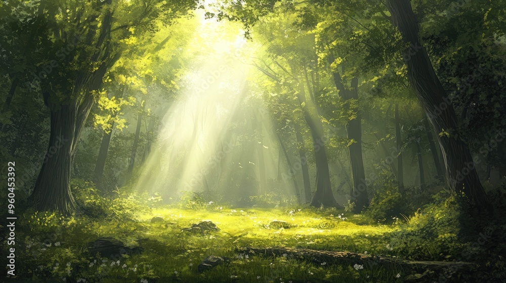 Obraz premium A tranquil forest with sunlight streaming through the canopy, illuminating the forest floor.