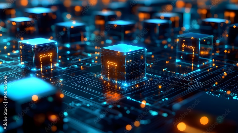 3D Matrix of Glowing Data Cubes: A Futuristic Blueprint of Big Data Complexity on Circuit Canvas 3D Matrix of Glowing Data Cubes: A Futuristic Blueprint of Big Data Complexity on Circuit Canvas