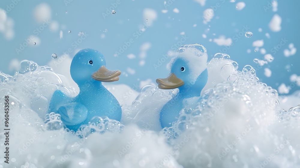 Detergent foaming and silicone blue ducks on a frigid backdrop Detergent foaming and silicone blue ducks on a frigid backdrop