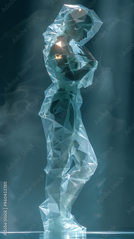Geometric female figure, low poly art, blue lighting Geometric female figure, low poly art, blue lighting
