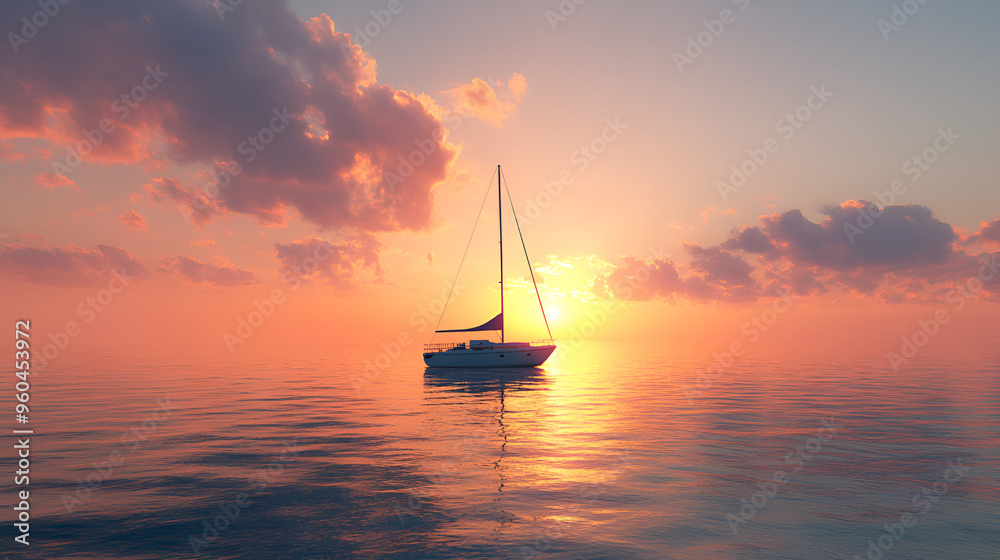 Fototapeta premium un barco yate o velero navegando por el mar en el oceano en un paisaje al atardecer con el resplandor y el alba del sol viajes y recorridos deporte y vacaciones medio de transporte diversion