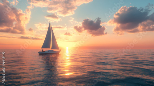 un paisaje al atardecer en alta mar de un barco o velero navegando en el mar en el oceano libertad y tranquilidad en el resplandor del sol vacaciones y viajes turisticos photo