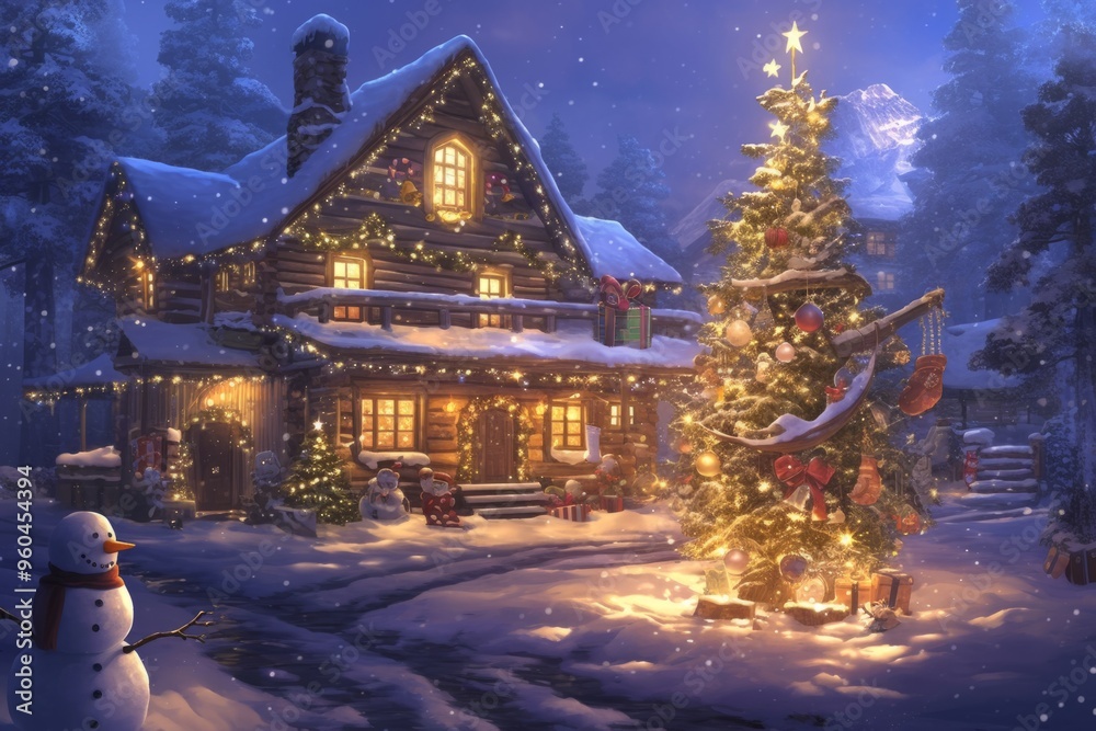 A snowy winter Christmas scene with a charming cottage lit up by glowing Christmas lights, a lush decorated tree, and a cheerful snowman in the front yard amidst the snowfall A snowy winter Christmas scene with a charming cottage lit up by glowing Christmas lights, a lush decorated tree, and a cheerful snowman in the front yard amidst the snowfall