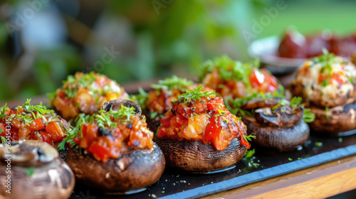 Grilled stuffed mushrooms with various sauces, blurred grass in the background