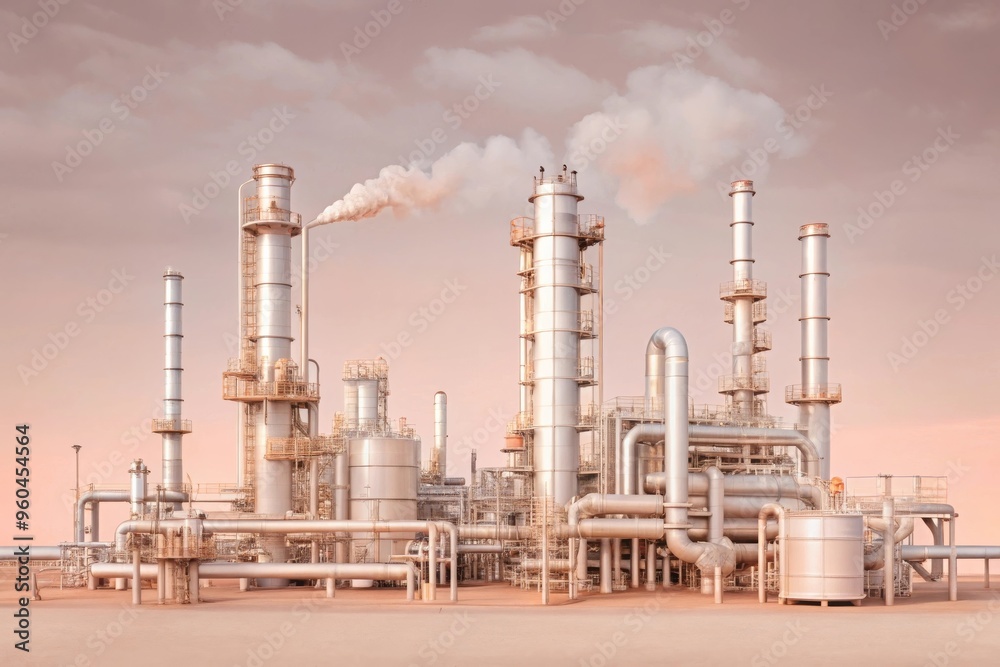 Industrial oil refinery with steel pipelines and smoke stacks, set against a soft pink sky in a desert environment. Industrial oil refinery with steel pipelines and smoke stacks, set against a soft pink sky in a desert environment.