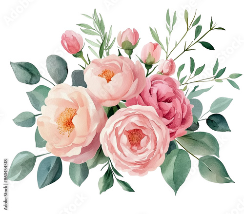 Delicate oil painting of a bouquet featuring soft pink, white, and peach roses with green leaves, vintage vibe, botanical art style, floral arrangement, PNG format, transparent background