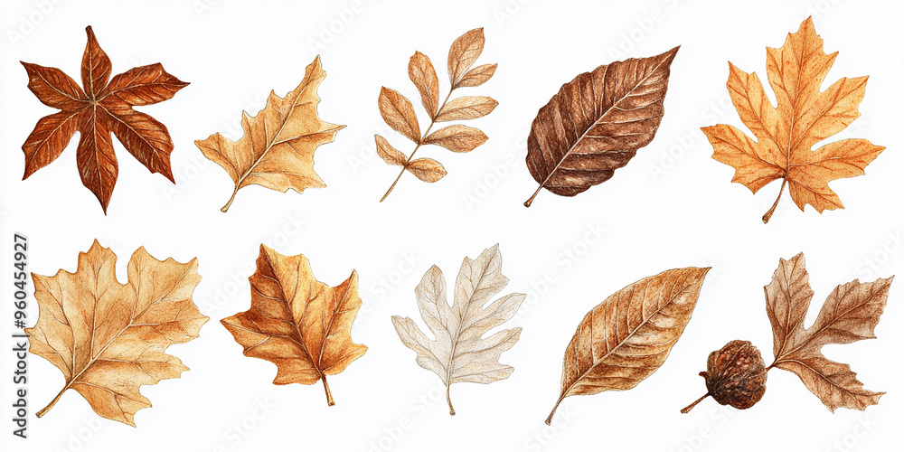 Fototapeta premium Set of brown and beige autumn leaves isolated on a white background