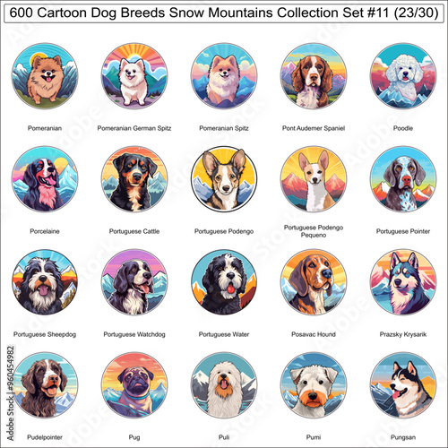 Dog Breeds Cartoon Characters Snow Mountains Bundle Collection Set 11 of 600 Dog Faces Isolated Part 23