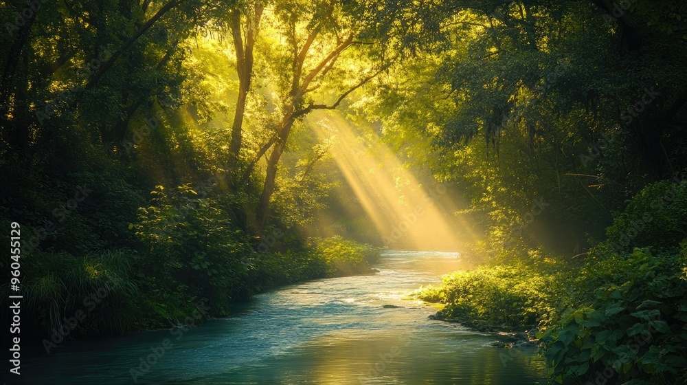 A tranquil river winding through a lush green forest, with sunlight filtering through the trees. A tranquil river winding through a lush green forest, with sunlight filtering through the trees.