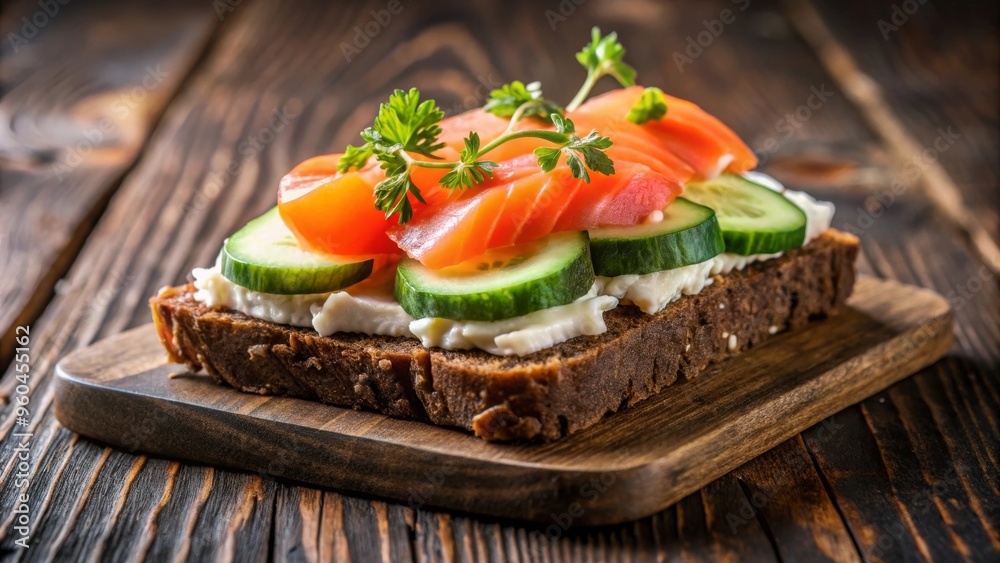 Delicious open-faced sandwich with smoked salmon, cream cheese, cucumber, and fresh herbs on rustic bread. Delicious open-faced sandwich with smoked salmon, cream cheese, cucumber, and fresh herbs on rustic bread.