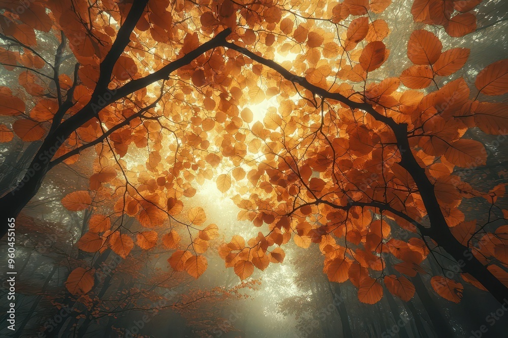 misty autumn forest canopy with a sea of golden and russet leaves ...