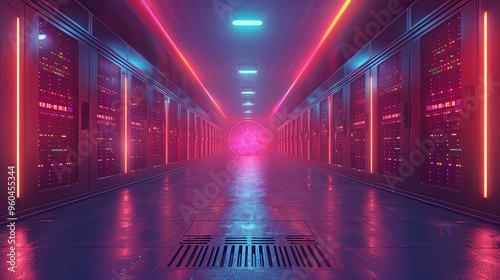 Server room data center. Backup, mining, hosting, mainframe, farm and computer rack with storage information. 3d render photo