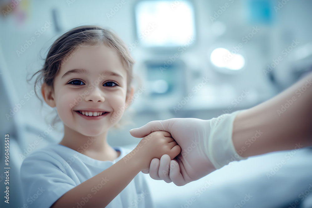 A young girl smiles brightly as she holds a doctor's gloved hand in a hospital room. A young girl smiles brightly as she holds a doctor's gloved hand in a hospital room.