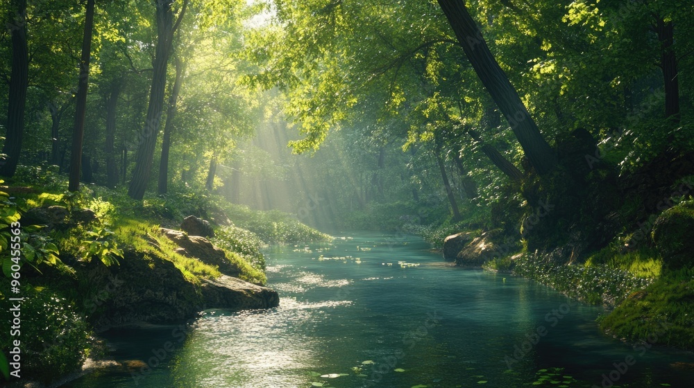 A tranquil river winding through a lush green forest, with sunlight filtering through the trees. A tranquil river winding through a lush green forest, with sunlight filtering through the trees.