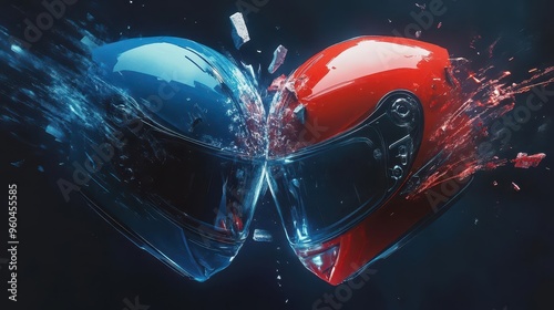 A blue and red helmet crashing together with fragments flying and a visible ripple of energy coursing through the helmets photo