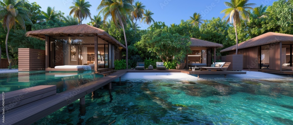 custom made wallpaper toronto digitalLuxurious Futuristic Beach Resort Paradise: Modern Bungalows, Crystal-Clear Waters, Relaxing Ambiance -