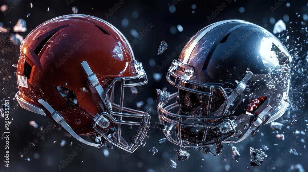 A closeup of two football helmets, one crimson and one silver, smashing with dramatic shockwaves and flying fragments A closeup of two football helmets, one crimson and one silver, smashing with dramatic shockwaves and flying fragments