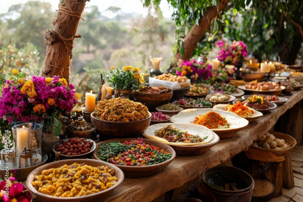 Fototapeta premium Table in nature with traditional Ethiopian dishes such as injera, doro wot, mesir wot, decorated with flowers. Concept Ethiopian New Year