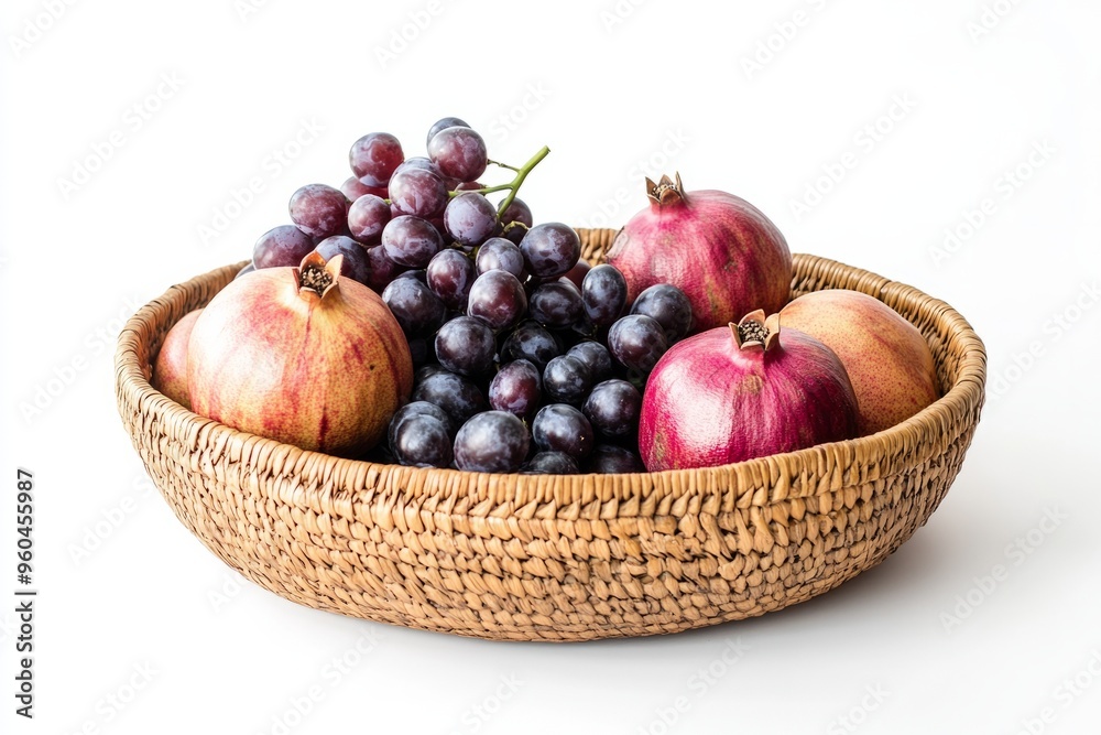 Traditional Ethiopian fruit textile wicker basket with pomegranates and grapes on a white background. Copy space. Concept Ethiopian culture. Traditional Ethiopian fruit textile wicker basket with pomegranates and grapes on a white background. Copy space. Concept Ethiopian culture.