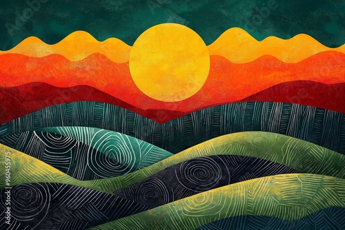 Bright Illustration of the rising sun over green hills, decorated with traditional Ethiopian patterns. Concept Ethiopian New Year