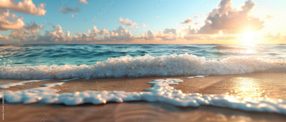 Fototapeta premium Tranquil Sunset: Photorealistic of Peaceful Beach with Calm Waves and Sandy Shore