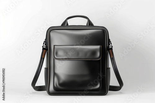 Black leather backpack, rectangular square shaped, sleek, elegant, minimalist, premium. photo